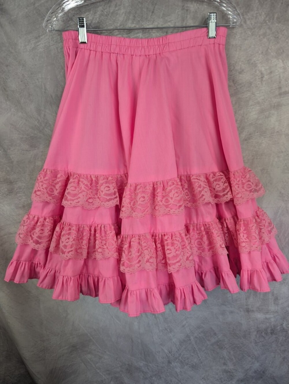 Vintage Pink Tiered Ruffle Square Dance Skirt Lace Trim Cottagecore Western S/M